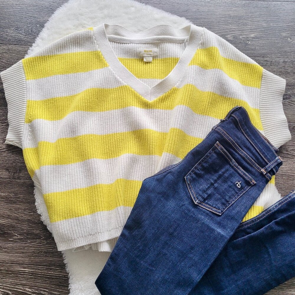 Anthropologie Maeve Oversized Striped V-Neck Sweater Vest in Chartreuse Size M - Picture 2 of 13